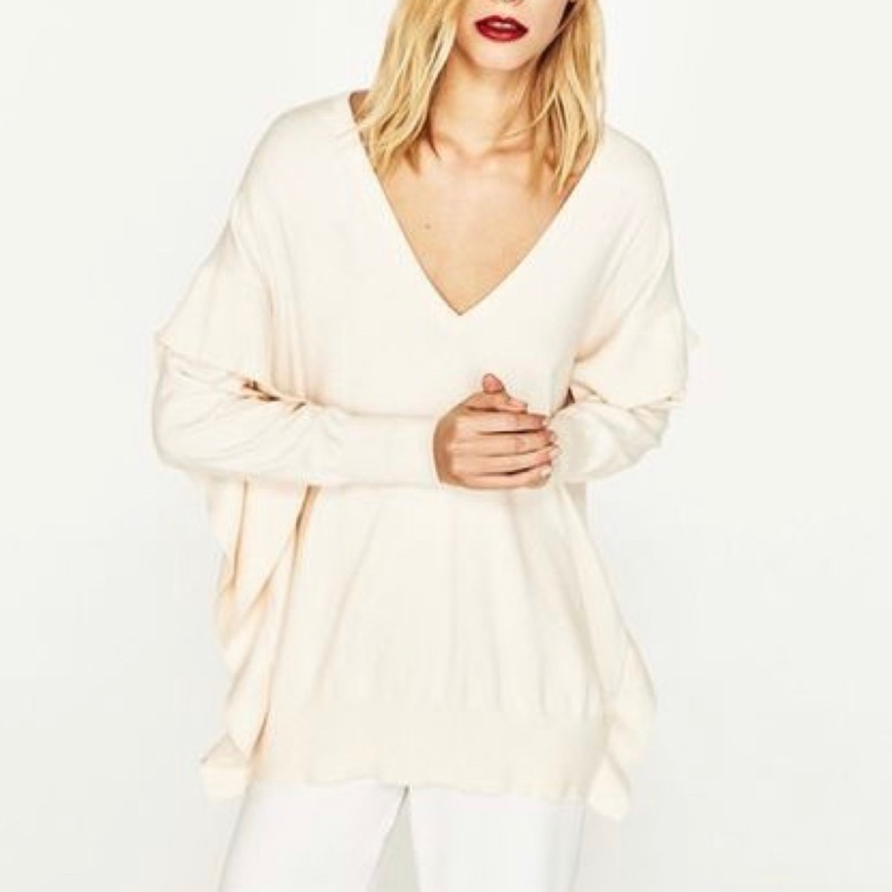 V-Neck Knit Sweater with Flounce